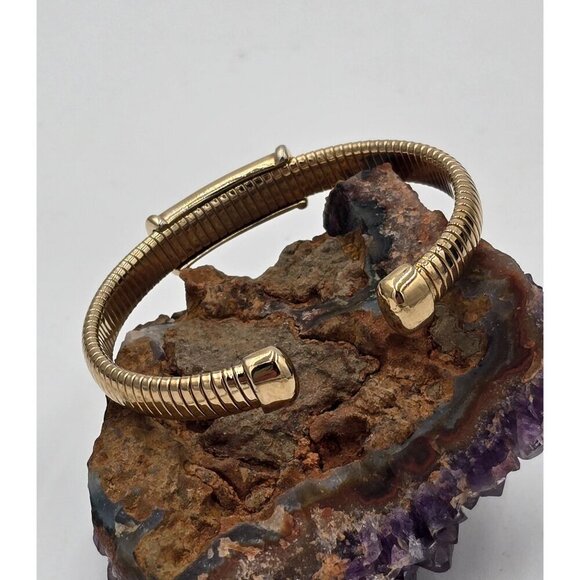 Vintage Gold-Tone Flex Coil Cuff Bracelet Polished Domed Center Bar - Picture 4 of 7